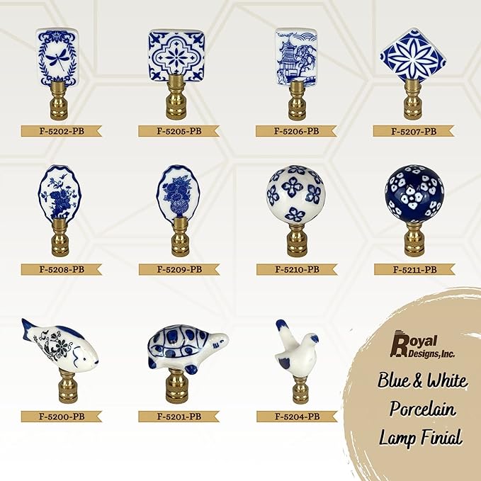 Royal Designs, Inc. White Porcelain Ball with Blue Ornament Design Finial for Lamp Shade, Polished Brass