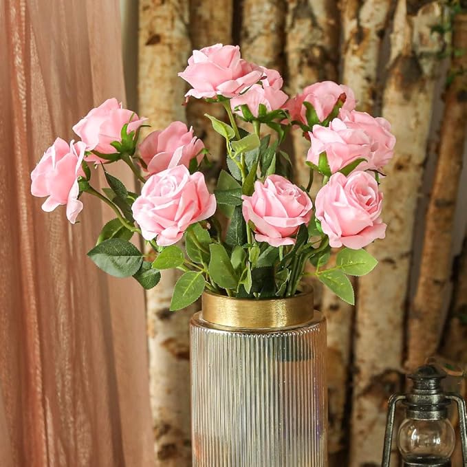 Kisflower 12 Pcs Pink Roses Artificial Flowers with Stems Silk Roses Fake Rose Realistic Flower Bouquet for Wedding Party Office Home Decor (Pink)