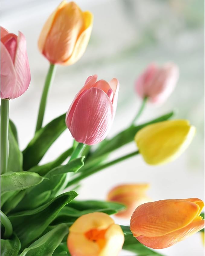 FiveSeasonStuff 15 Stems Real Touch Artificial Tulips – Lifelike Faux Flowers for Home, Weddings, Gifts & Spring Floral Décor (Festive Bloom – Orange, Yellow, Pink)