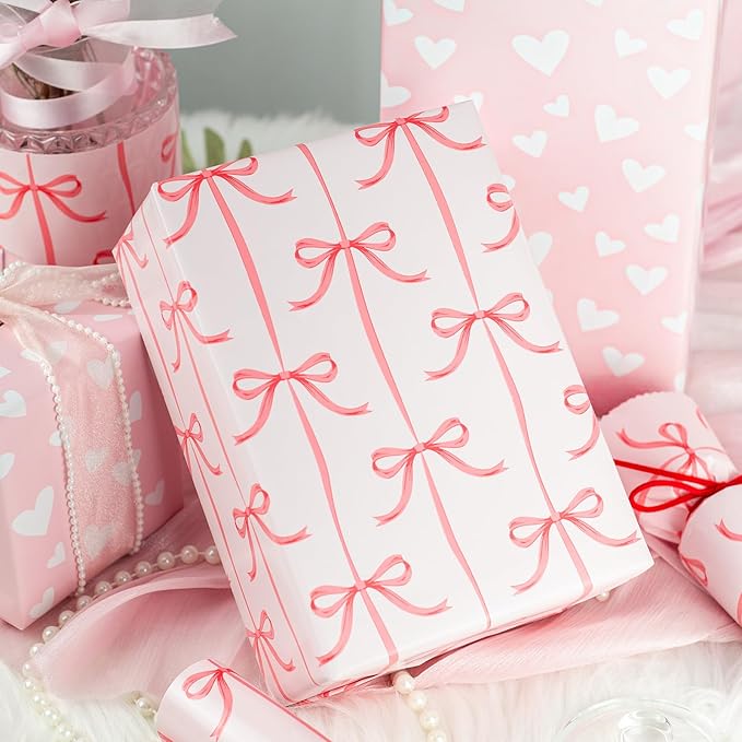 Burymento Pink Bow Wrapping Paper, Reversible Pink Love Design Gift Wrap for Baby Shower, Birthday, Valentines, Mothers day, Graduation, Wedding, Fathers day, Christmas (17 Inch X 32.8 Feet)