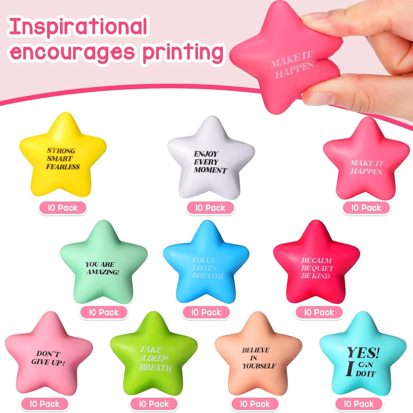 Sotiff Star Stress Balls - 100 Pack Mini Foam Squeeze Toys for Stress Relief | Fresh Colors & Motivational Quotes