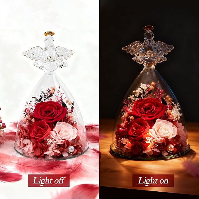 Christmas Rose Gifts for Women, 7" Red Preserved Roses Flowers in Glass Angel Figurine, Birthday Gift for Mom Wife Grandma, Eternal Rose for Mothers Day Valentines Anniversary