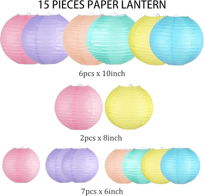 Pastel Paper Lanterns Decorative, Classroom Decor Macaron-Color Neon Hanging Paper Lantern Decorations for Easter Party Decorations, Baby Shower Wedding Birthday Mother's Day, 15Pcs