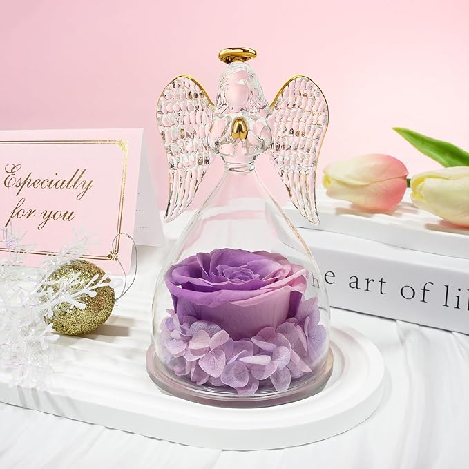 Sunia Preserved Flower Rose Gift for Women - Mother's Day Birthday Gifts for Mom Wife Grandma, Glass Angel Figurines Forever Real Roses Gifts for Her Valentine Day Thanksgiving﻿ (Pink Purple)