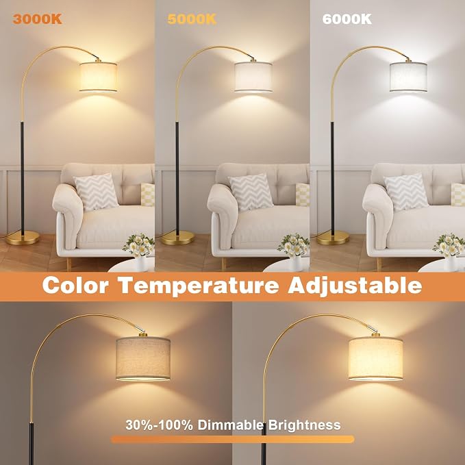 Ambimall Dimmable Arc Floor Lamp with Remote, Color Temperatures and Brightness Adjustable, Arched Floor Lamp with Rotating Head, Over Couch Arched Reading Light for Living Room (Black and Gold)