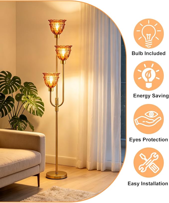 Lightdot 66IN 3-Lights Modern Glass Floor Lamp Gold Dimmable Floor Lamps with 3000K Warm White Bulbs for Wedding Party Tall Standing Lamp with Deep Red Glass Shade for Living Room/Bedroom/Home Decor