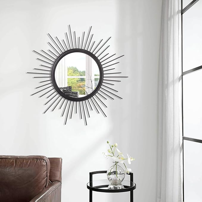 Sunburst Wall Mirror, Black Large Spoked Wall Decor Mirror Bohemian Home Round Modern Metal Wall Art Mirror for Living Room Hallway Bedroom Bathroom 24" x 24"