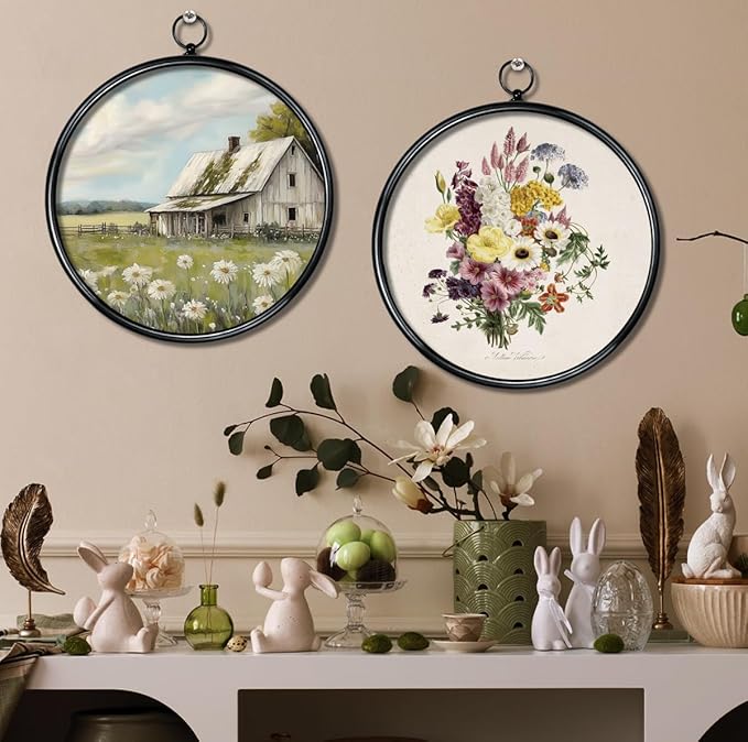 XIAOAIKA Round Vintage Wall Hanging Decor, Printed Textured Surface with Wood Back, Cottage Design, Black Metal Frame, Ready to Hang for Living Room Bedroom, 10 Inch