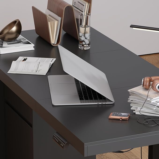 MOUMON 70.9” Electric Standing Desk with Drawer, Height Adjustable Executive Computer Desk with File Storage for Home Office, Sit Stand Desks, Black, 70.9”W x 31.5”D x 29.5”-44.1”H