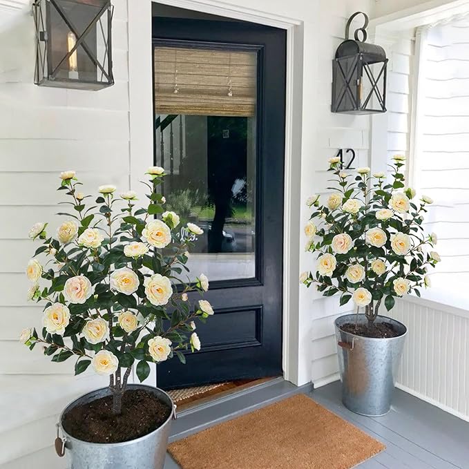 3.6FT Artificial Camellia Fake Tree, Artificial Plants & Flowers with 32 Yellow Pink Flowers for Door Front Decoration Porch Patio Living Room Office Indoor Outdoor Decoration (Contains Dried Moss)