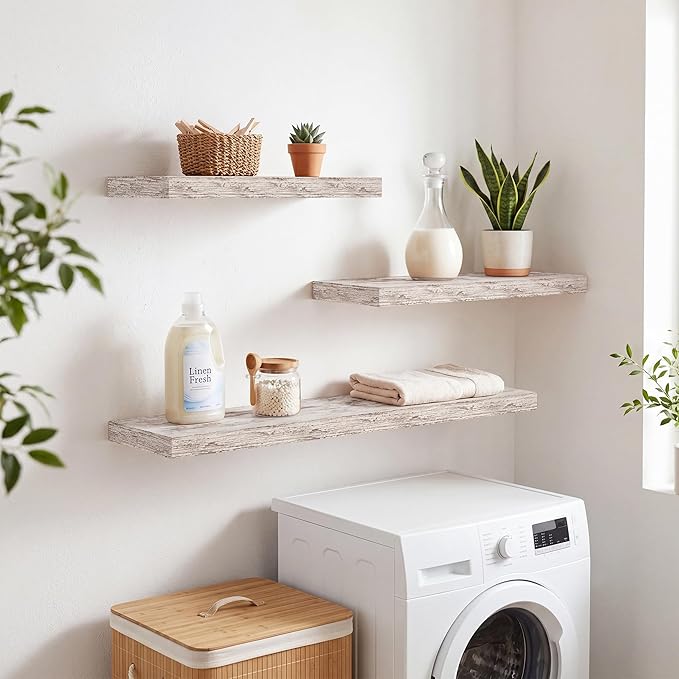 RICHFOCUS 40Inch Floating Shelves for Wall 1 Pack Shelves for Bedroom|Kitchen|Bathroom|Laundry Room Rustic Wood Wall Mounted Shelf with Invisible Brackets for Books|Storage|Decor, Rustic White