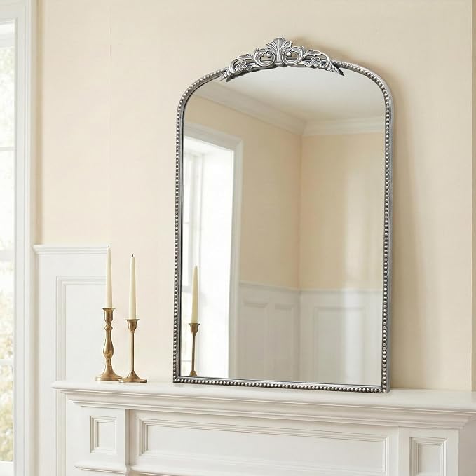 Micasso Vintage Traditional Silver Mirror: 24"x36" French Baroque Antique Mirror - Ornate Decorative Arched for Wall/Entryway/Fireplace/Hallway/Living Room - Home Decor for Bathroom