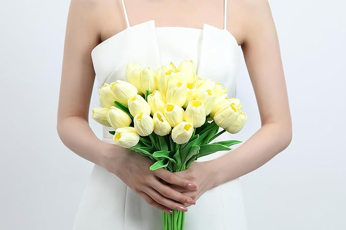 20pcs White Tulips Artificial Flowers Fake Silk Tulips Real Touch Flowers for Spring Kitchen Wedding Home Decor Arrangements Easter Decor 14 Inch