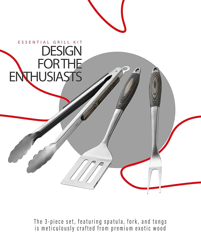 Grilaz Stainless Steel BBQ Tool Set with Veined-Dyed Wooden Handles | Heavy Duty Grilling Accessories | 3-Piece Outdoor Barbecue Grill Utensil Set with Spatula, Fork, and Tongs - Ideal Gift for Men…