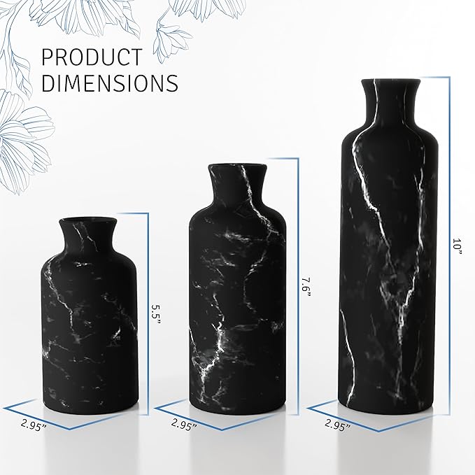 Creative Scents Black Marble Look Vase Set - Vases Home Decor, Premium Quality for Holding Pampas Grass, Dried/Fresh Flowers, Vases for Decor - Kitchen, Bedroom, Office, Living Room, or Shelf Decor