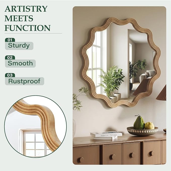 Farmhouse Wall Mirror - 31.5" Wood Frame Round Rustic Wall Decorative Mirrors, Circle Scalloped Wavy Round Boho Accent Mirror for Living Room, Bedroom, Entryway, Hallway, Fireplace (Natural)