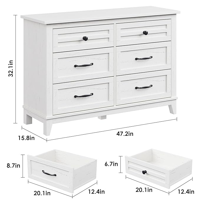 GarveeHome 6 Dresser for Bedroom, 47 in Wide Drawer Dresser with Storage Freestanding, Wooden Closet Storage Chest for Living Room, Bedroom, Entryway, White