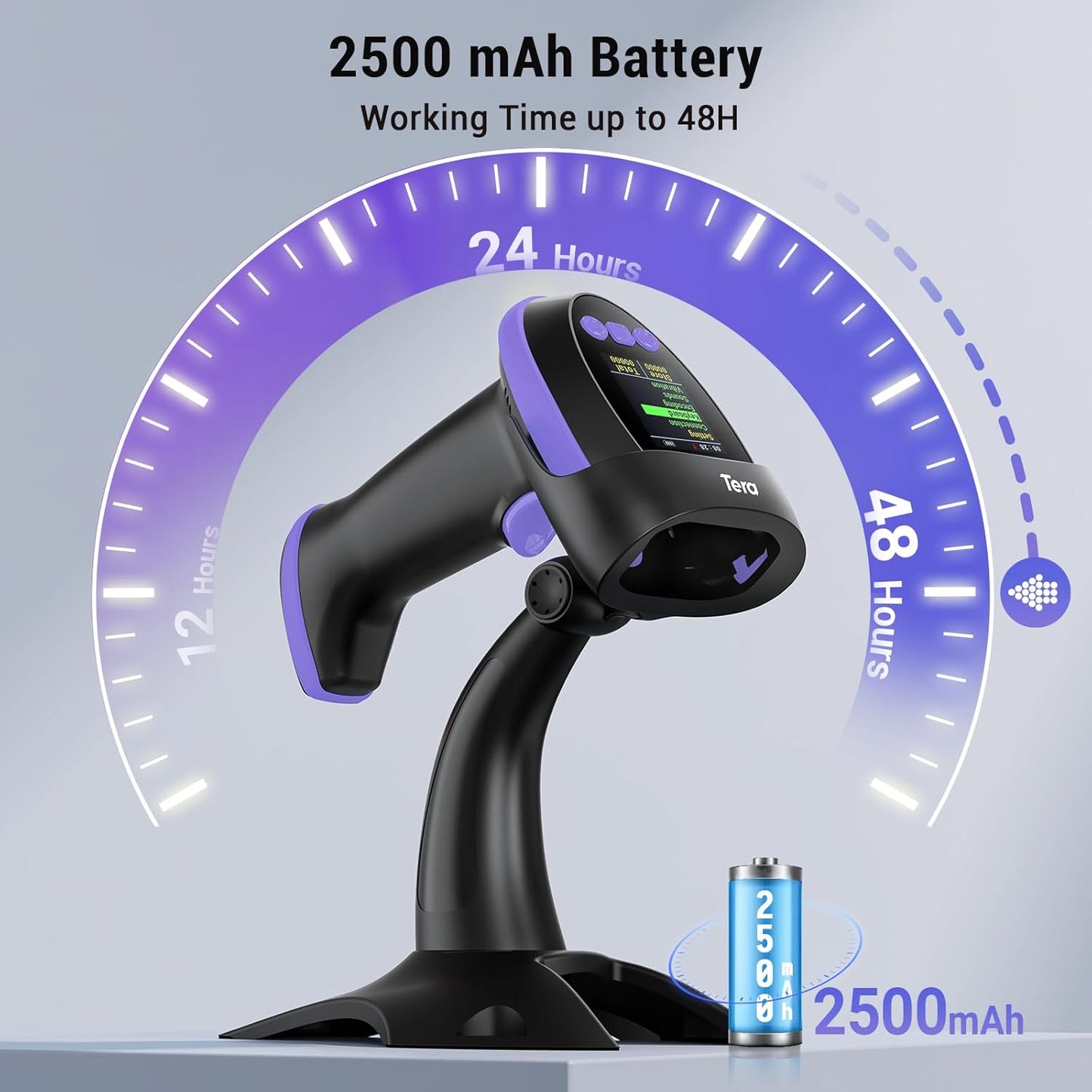 Tera Wireless 2D Barcode Scanner - Pro Version with Digital Screen & Keypad | Fast Scanning, Purple