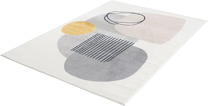 Abani Rugs Cream and Gray 6 ft. X 9 ft. Mid-Century Rug with Circles and Lines. Neutral Tones of Cream, Gray and a pop of Yellow. Minimalistic Design Turkish Stain Resistant Area Rug.