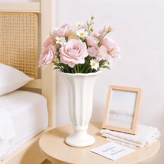 Modern Fluted Ceramic Vase, 10 Inch White Flower Vase with Pedestal Base, Decorative Table Top Vases for Centerpieces, Home Decor, Living Room, Bedroom, Wedding and Events, Housewarming Gift