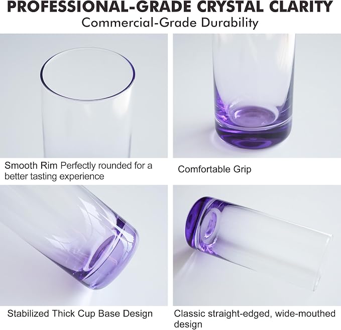 Purple Highball Glasses Set of 6, 13oz Drinking Glass Cups for Mixed Drink Cocktail, Beer, Mojito, Water and Juice,Thick Tall Crystal Glassware for Kitchen, Restaurant, Home Bar and Parties