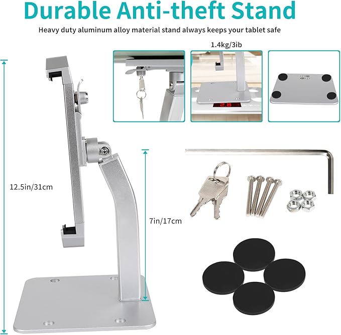 YOOZ Anti Theft Tablet Stand for Desktop, Security Tablet Mount Retail Kiosk POS, Heavy Duty Metal Tablet Holder with Lock for 7-11" Tablets, iPad Pro Air Mini, Galaxy Tabs, Surface etc