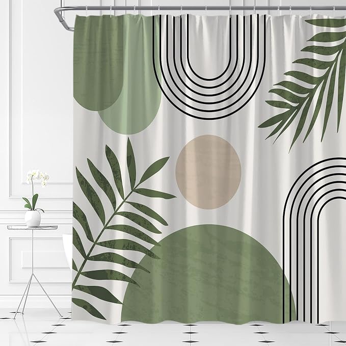 Mid Century Modern Shower Curtain Boho Sage Green Abstract Retro Aesthetic Fabric for Bathroom Decor Bathtub with Hooks (70" WX74.8 H)