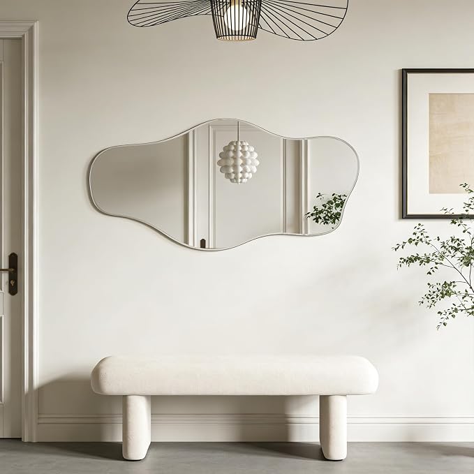 Irregular Frameless Mirror, 35.8"x17.7" Silver Asymmetrical Tempered Glass Mirror, Organic Shaped Wall Mirrors for Entryway Bedroom Living Room Bathroom, Horizontal or Vertical Hanging