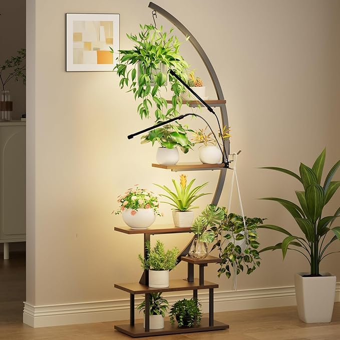 GREENSTELL Plant Stand Indoor with Grow Light, 7-Tiered Tall Metal Plant Stand for Indoor Plants, Half-Moon Shape Display Shelf for Home,Living Room, Patio, Dark Brown (1 Pack)