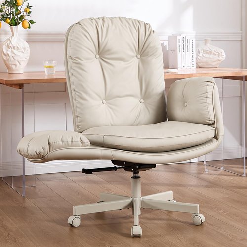 Amseatec Criss Cross Chair - Comfortable Adjustable Swivel Office Desk Chair with Armrests & Wheels | Cream PU Leather