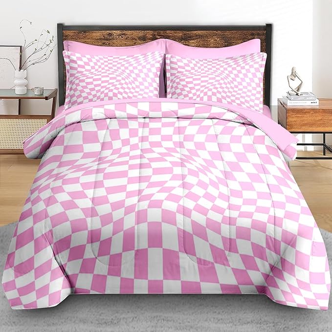 Comforter Set Twin Size, Pink White Geometric Checkerboard 5 Pcs Bedding for Kids and Adults, Chess Checkered Bedding Sets with Fitted Sheet Pillowcase & Sham for Bedroom Bed Decor