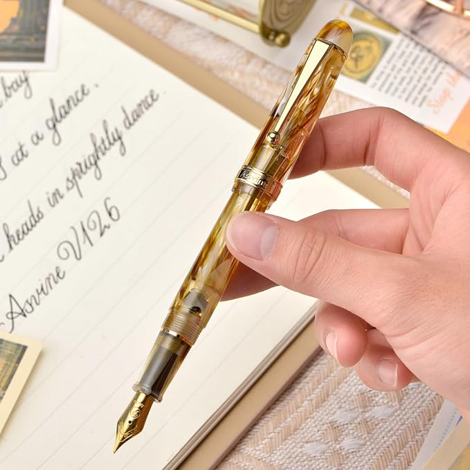 Asvine V126 Vacuum Filling Fountain Pen Extra Fine Nib, Brown Swirl Acrylic, Large-Capacity with Gift Case