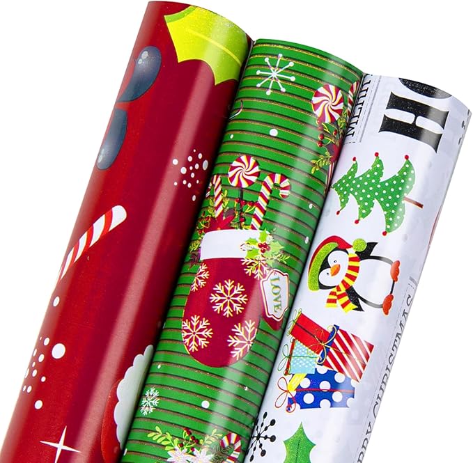 Linnoptimix Christmas Wrapping Paper Rolls -White Red Green Wrapping paper 3 LARGE ROLL-27inch*78 inch per roll Colorful (Christmas White/Red/Green（006）)