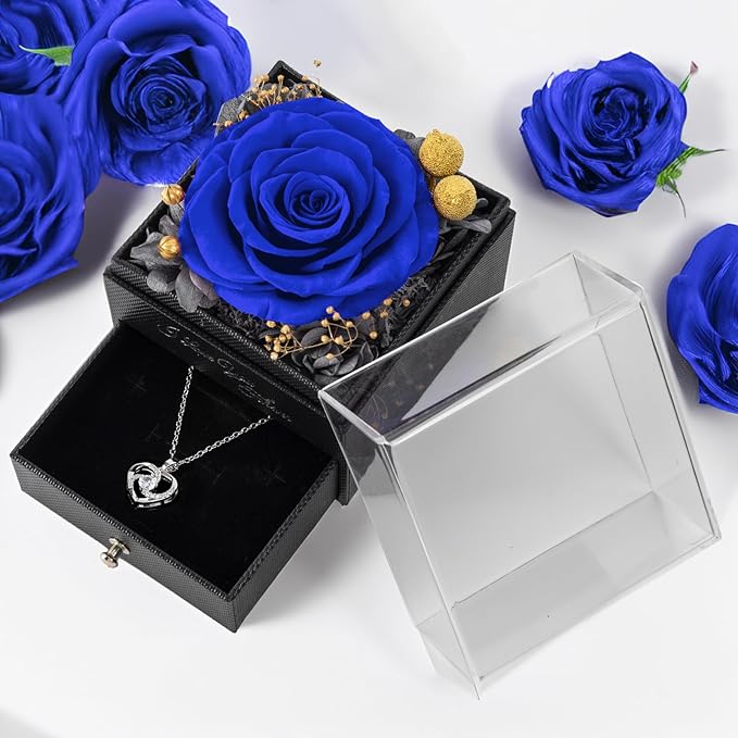 Preserved Blue Elegant Rose, 1 Count, 4.3" Square, Real Flower, Valentines Day Gifts for Her