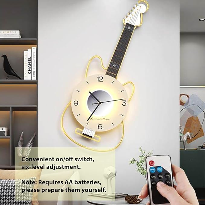 Modern Wall Clock for Living Room, Guitar Wall Clock with Adjustable Light, Great Decor for Music Room, Bedroom