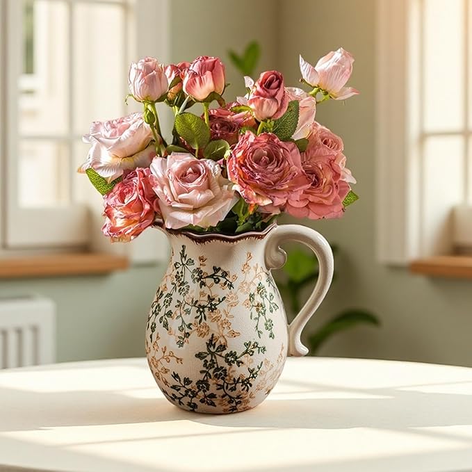 Green and Beige Vintage Vase with Handle,Retro Chinoiserie Vase,Farmhouse Antique Decorative Ceramic Vases for Home Decor,Living Room, Bookshelf, Office, Grand Millennial Decor(H8.05 Inch)