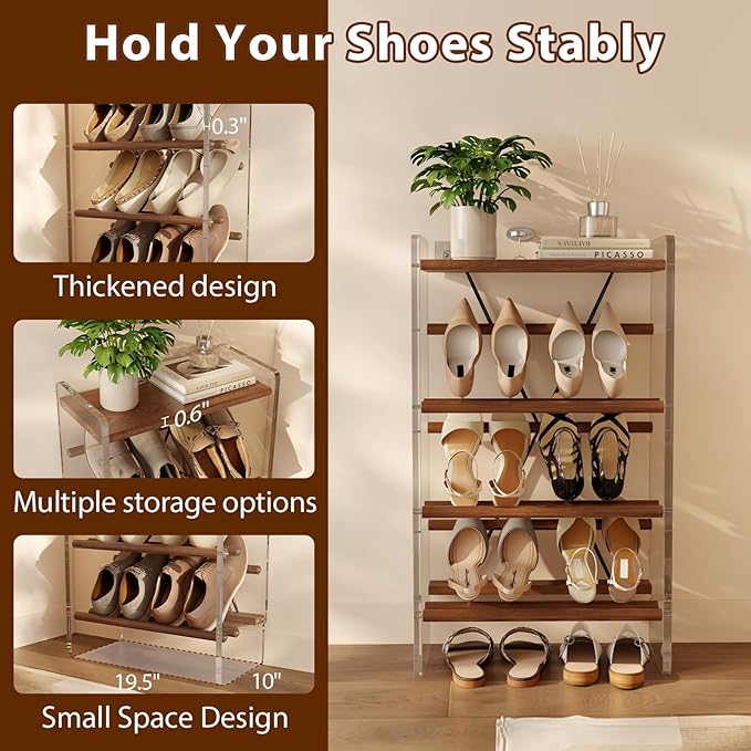 YQJJGL Free Standing Shoe Rack & Closet Shoe Shelf, for Entryway Small Space, Front Door, Garage, 4-Tier Slanted, Solid Wood & Acrylic Frame with Top Shelf Storage