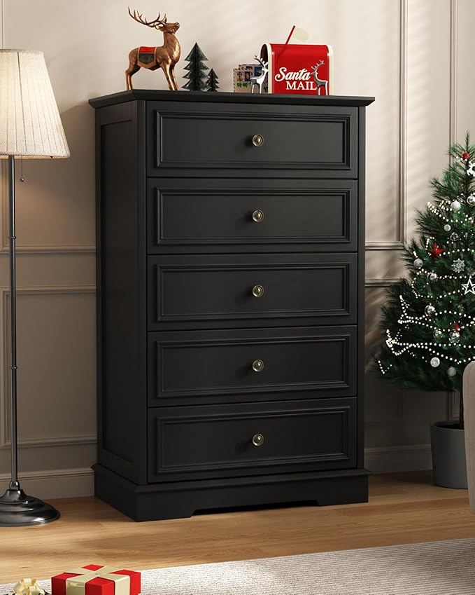 Black 5 Drawer Dresser for Bedroom, 44" Tall Dresser with Metal Handle, Modern Chest of Drawers for Closet Organizer, Farmhouse Wood Dressers for Bedroom, Living Room, Hallway