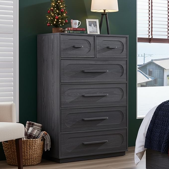 Grey 6 Drawer Dresser for Bedroom, 44" Tall Dresser & Chest of Drawers with Solid Wood Handle, Large Wood Storage Dressers Organizer for Bedroom, Living Room