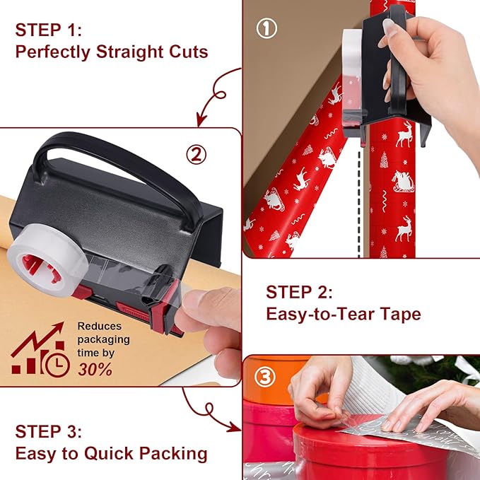 2-in-1 Wrapping Paper Cutter & Tape Dispenser, Christmas Gift Wrap Cutter Tool with 4 Tapes & Replaceable Blades, Fast Straight Cutting Tool for Holiday & Birthday Wrapping Kits