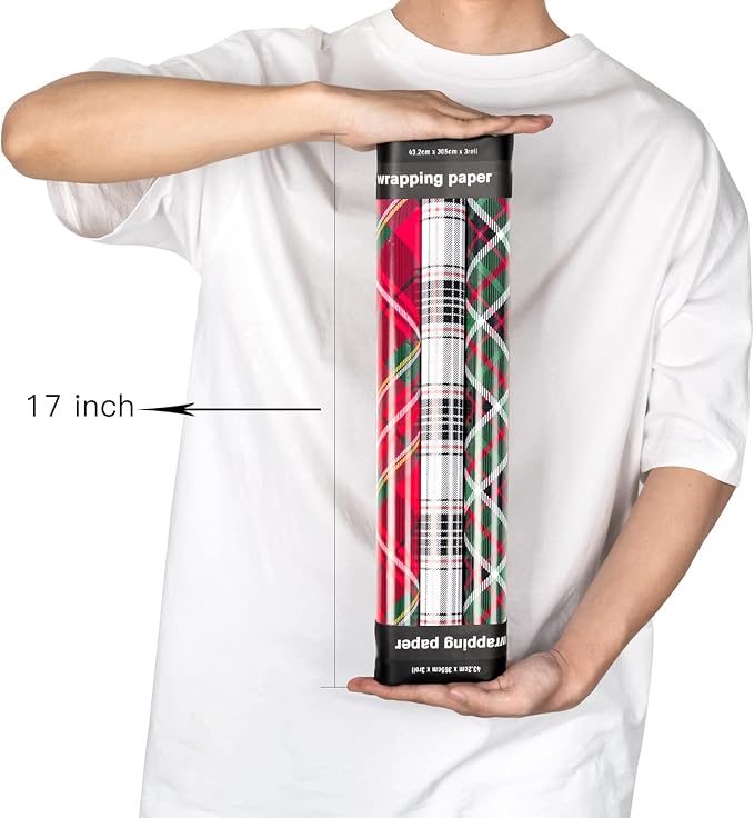 MAYPLUSS Christmas Wrapping Paper Roll - Mini Roll - 17.3 inch X 120 inch Per roll - 3 Different Red & Black Plaid Design (43.2 sq.ft.ttl)