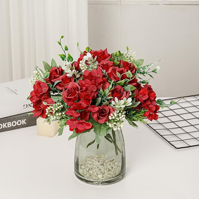 Artificial Flower 5 Branches Artificial Silk Fake Flowers Bouquet Small Roses for Wedding Home Office Tables Decor 4 Packs(Red)