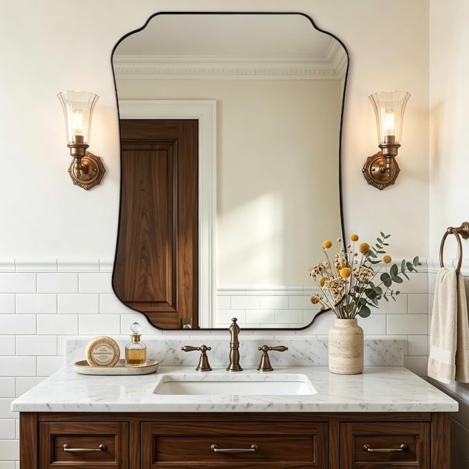 ANDY STAR Bronze Bathroom Mirror 30x40 Inches, Large Farmhouse Scalloped Wall Mirror with Vintage Charm, Stainless Steel Frame for Hallway, Lounge and Vanity Area