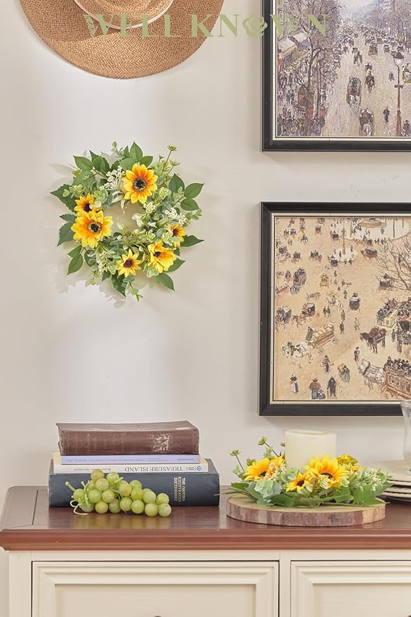 WELL KNOWN 2 Pcs Mini Spring Floral Candle Rings Wreaths for Pillars Home Table Window Decor, 9 Inches Artificial Flower Cabinet Wreath for Kitchen Farmhouse Wedding Party (Yellow Sunflower)