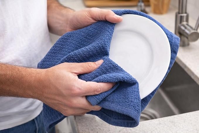 Serafina Home Waffle Blue Kitchen Dish Towels 100% Cotton Cloth Soft Cleaning Drying Absorbent Terry Box Loop: Set of 3 Multipurpose for Everyday Use, 18" x 28" (Blue Box)