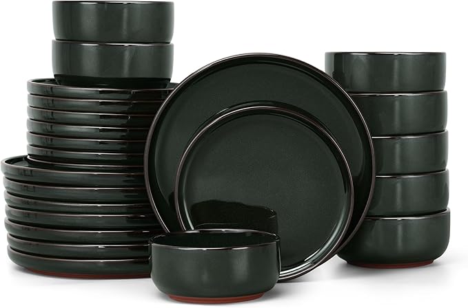 E-far Stoneware Dinnerware Sets for 8, 24 Pieces Reactive Glaze Plates and Bowls Sets, Elegant Dishes with Rustic Terracotta Clay Base, Dishwasher & Microwave Safe, Scratch Resistant, Blackish Green