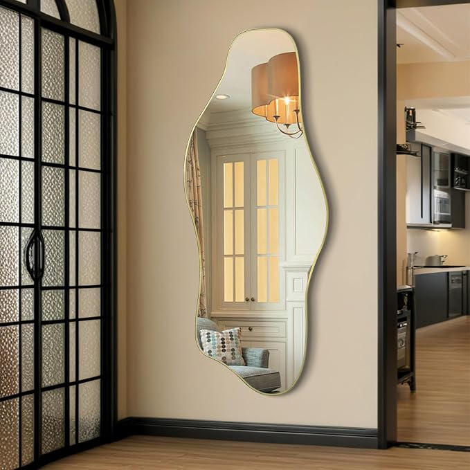 Irregular Wall Mirror, 60"x24" Large Asymmetrical Tempered Glass Mirror, Gold Modern Organic Frameless Mirrors for Entryway Hallway Bedroom Living Room, Horizontal or Vertical Hanging