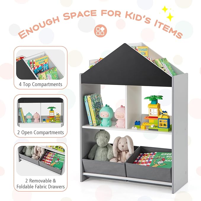 HONEY JOY Toy Storage Organizer, Wooden Dollhouse Bookcase w/Blackboard, Whiteboard, Storage Bins, Toddler Book Shelf, Children Toy Display Chest Cubby, Kids Bookshelf for Playroom Nursery (Gray)