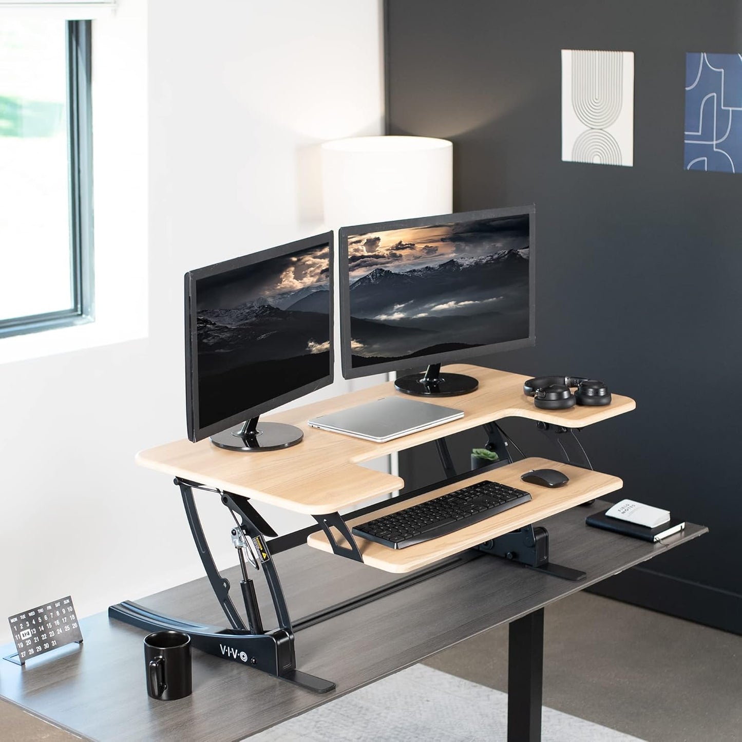 VIVO Height Adjustable Stand Up Desk Converter - Quick Sit to Stand Dual Monitor Riser | Light Wood Top, Black Frame