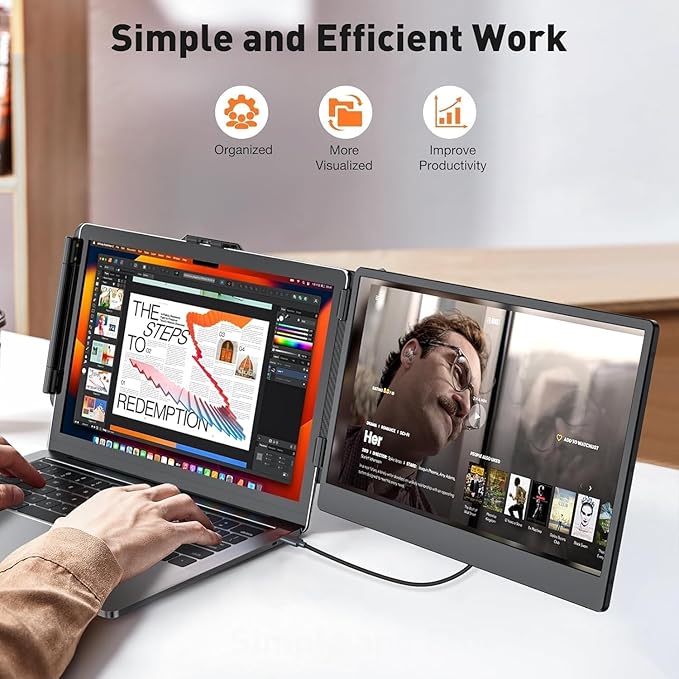 Laptop Screen Extender 14-inch, 1080P FHD Portable Monitor, Type-C/HDMI/USB-A Plug & Play, Laptop Monitor Extender fits Laptops with Screen up to 15.35" Wide, Compatible with Windows, Mac, Chrome